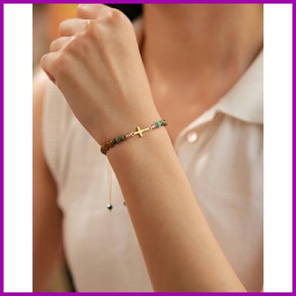 Adjustable Cross Bracelet with Natural Stones, Christian Gift for Women - Picture 4 of 8